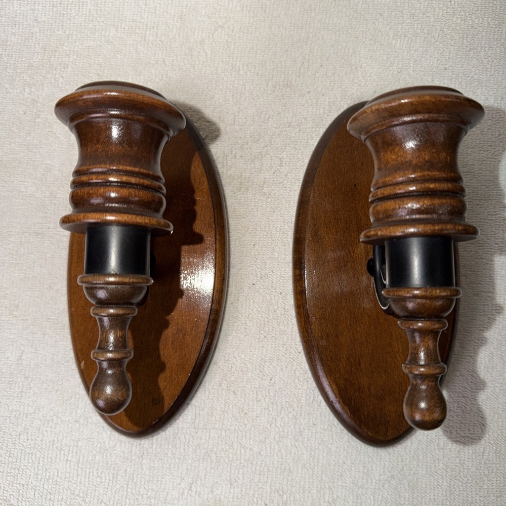 Set Of 2 VTG Homco Wood & Metal Brown &Black 1 Arm Wall Hanging Candle Holders